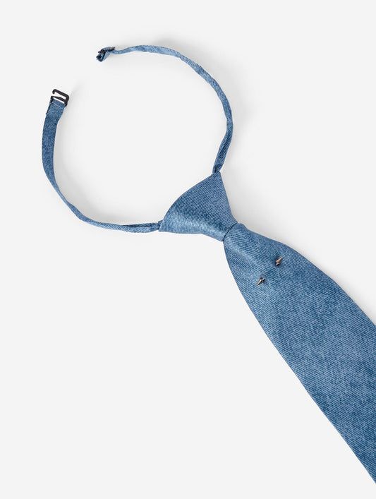 Cravate en satin de soie bleu stoné