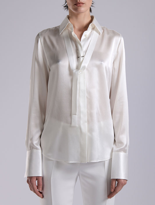 White silk satin lavallière shirt