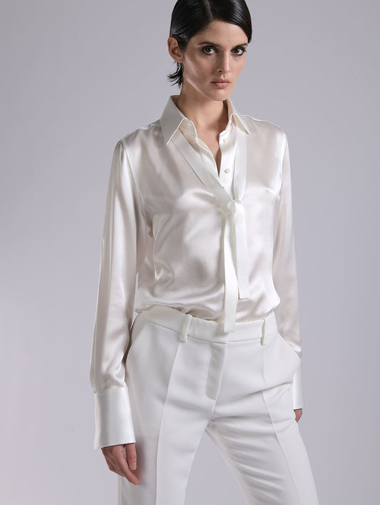 White silk satin lavallière shirt