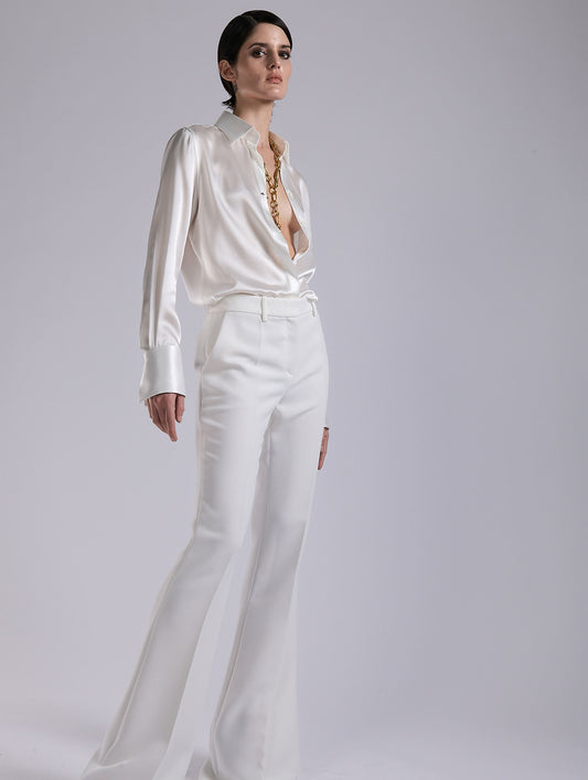 White silk satin lavallière shirt