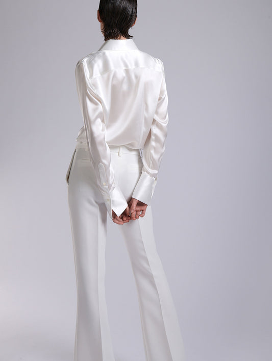 White silk satin lavallière shirt