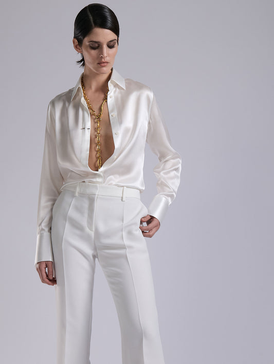 White silk satin lavallière shirt