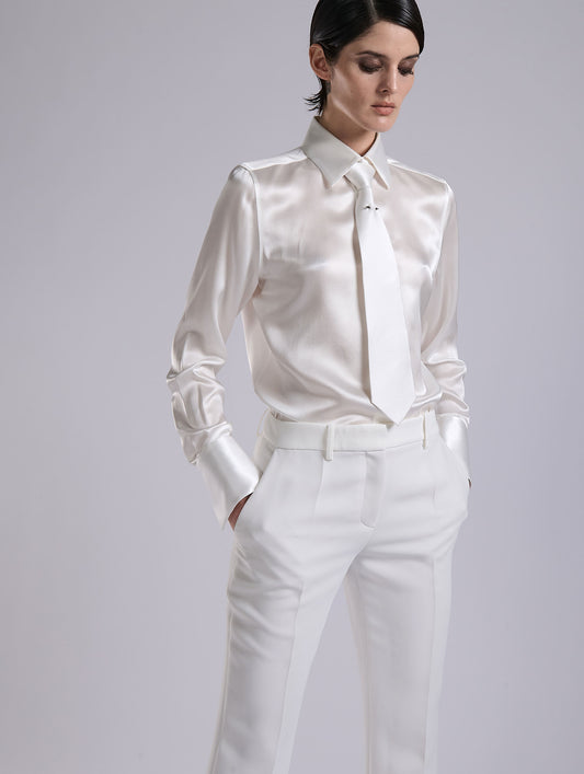 White silk satin lavallière shirt