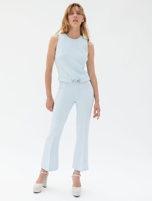 Sleeveless blue crepe top with jewel detail