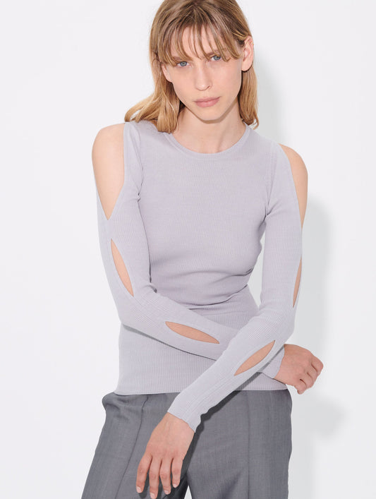 Grey knit ribbed sweater with openwork sleeves
