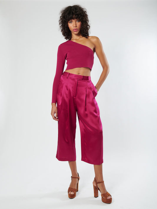 Pleated silk satin trousers