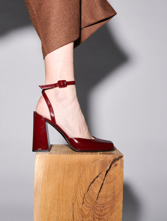Burgundy patent leather closed-toe sandals