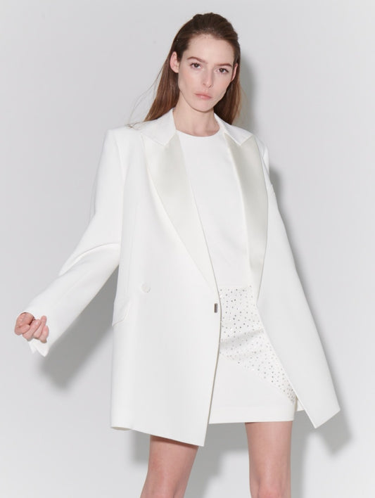 Ivory crepe swing jacket with satin lapel collar 
