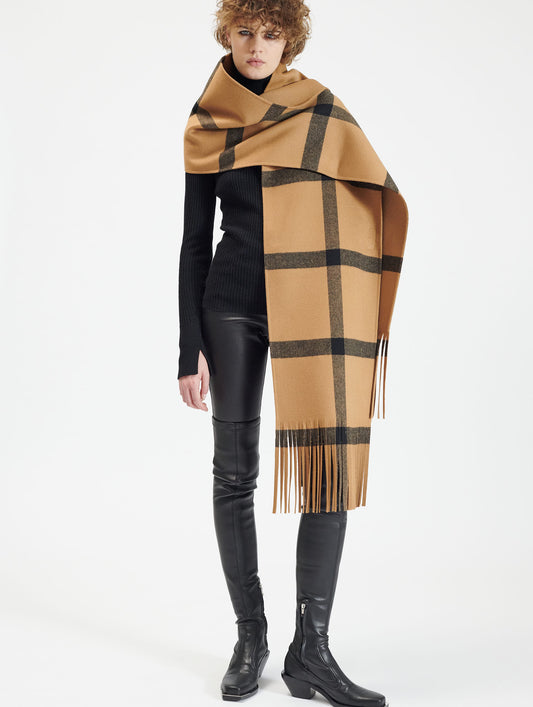 Woolen check fringed scarf